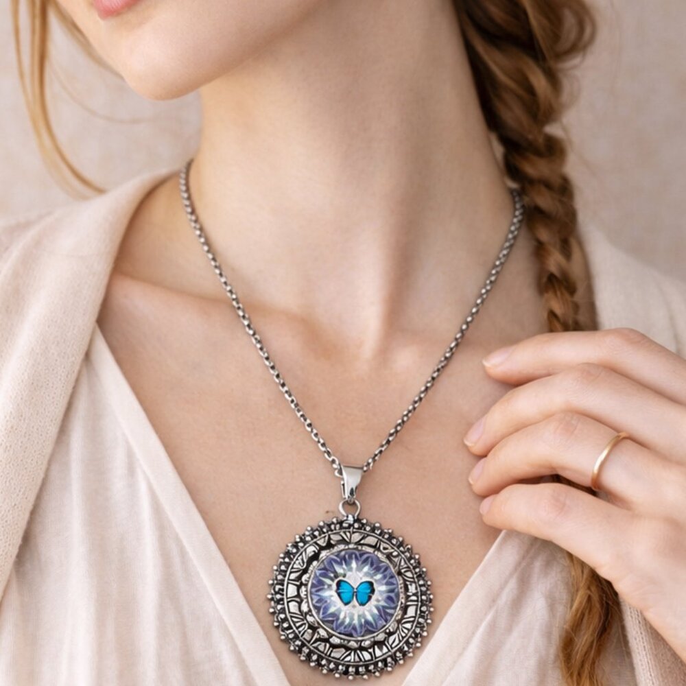 Silver Mandala Snap Pendant Necklace | Interchangeable Paisley & Butterfly Snaps